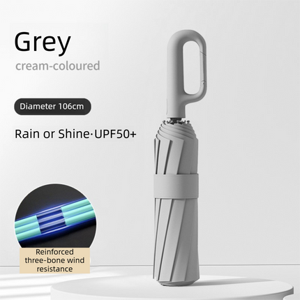 Grey Heavy Duty Fully Automatic Carabiner Umbrella with Integrated Hook Handle (Diameter 106CM) - Ultra Windproof and UV Protective Sun & Rain Umbrella.