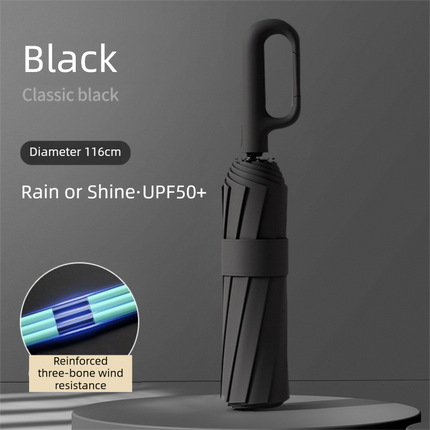 Black Heavy Duty Fully Automatic Carabiner Umbrella with Integrated Hook Handle (Diameter 116CM) - Ultra Windproof and UV Protective Sun & Rain Umbrella.