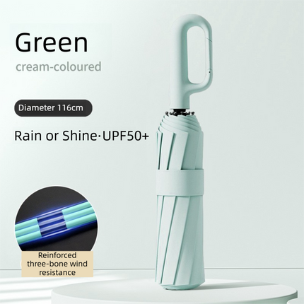Green Heavy Duty Fully Automatic Carabiner Umbrella with Integrated Hook Handle (Diameter 116CM) - Ultra Windproof and UV Protective Sun & Rain Umbrella.