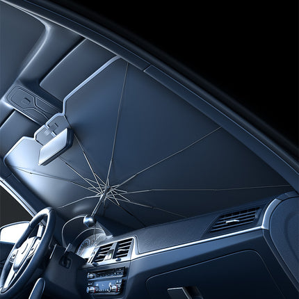 125x69CM Foldable Car Windshield Sun Shade Umbrella with Retractable Handle & Storage Case - Titanium Silver Heat Insulator, V-Neck Mirror Compatibility, Butterfly Edge Extension.