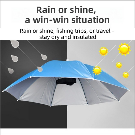 Grey Foldable Sun & Rain Umbrella Hat (Diameter 69CM) - 99% UV Potective and Wind/Rainproof Fishing Umbrella with Elastic Headband.