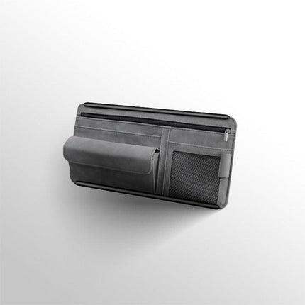 Grey Faux Suede Car Sun Visor Organizer with Spring Strap - Multi-Functional Eyewear Case & Card Holder.