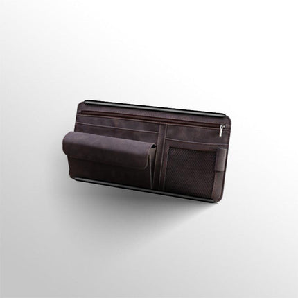 Brown Faux Suede Car Sun Visor Organizer with Spring Strap - Multi-Functional Eyewear Case & Card Holder.