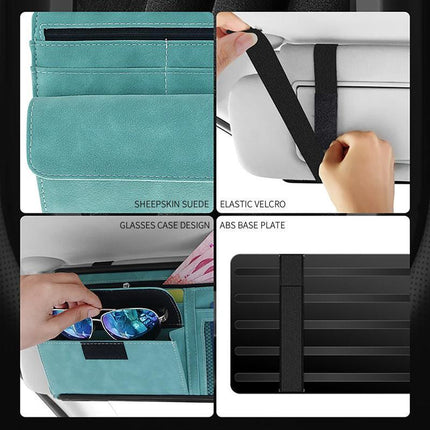 Brown Faux Suede Car Sun Visor Organizer with Spring Strap - Multi-Functional Eyewear Case & Card Holder.