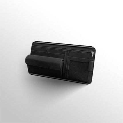 Black Faux Suede Car Sun Visor Organizer with Spring Strap - Multi-Functional Eyewear Case & Card Holder.