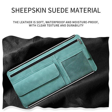 Black Faux Suede Car Sun Visor Organizer with Spring Strap - Multi-Functional Eyewear Case & Card Holder.