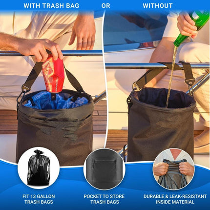 10-Gallon Black Foldable Boat Waste Organizer with 1 Roll of Trash Bag - Anti-Ant & Odor-Control, Secure Hold at High Speed.