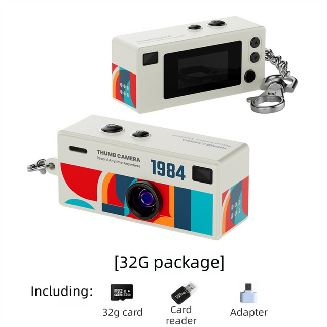 G6 White Ultra-Mini Thumb Camera with 32GB Card, Card Reader & Adapter - HD Instant Pocket-Sized Action Cam for Students & Kids.