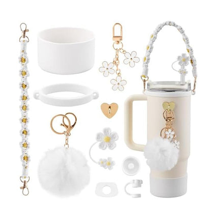 10-Piece White Accessory Bundle for Stanley Quencher 30/40oz - Includs Premium Silicone Straw Covers, Protective Boot & Charms Set.