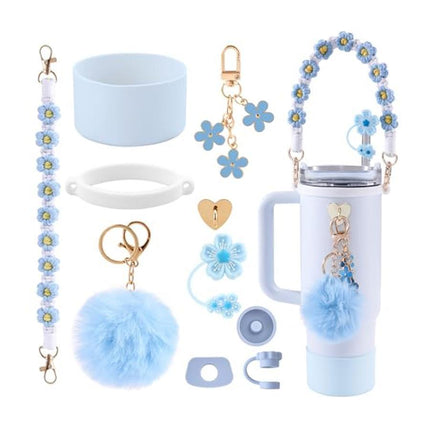 10-Piece Blue Accessory Bundle for Stanley Quencher 30/40oz - Includs Premium Silicone Straw Covers, Protective Boot & Charms Set.