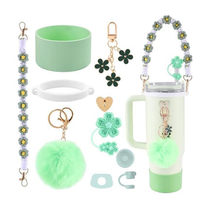 10-Piece Green Accessory Bundle for Stanley Quencher 30/40oz - Includs Premium Silicone Straw Covers, Protective Boot & Charms Set.
