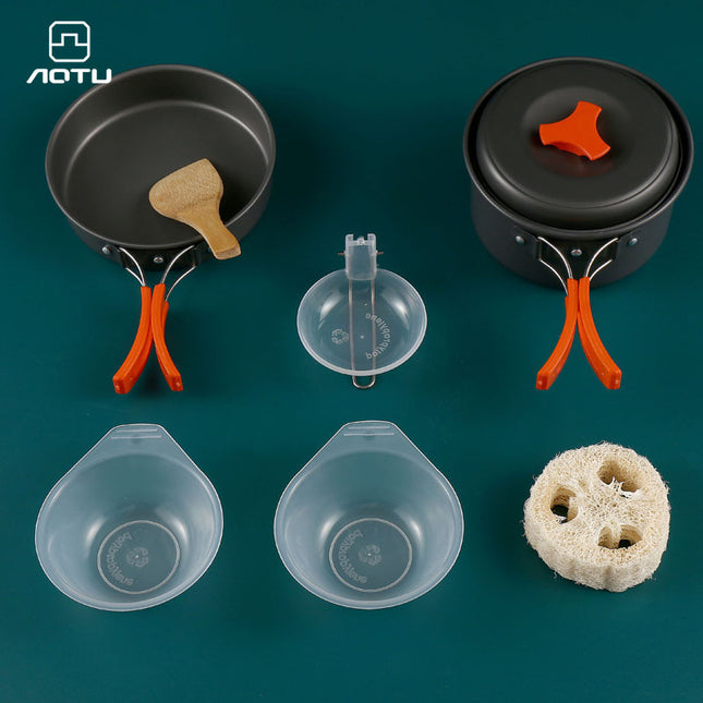 8-Piece Black Lightweight Outdoor Camping Cookware Set - 1/2 Person Portable High-Efficiency Thermal Cooking Nested Kit.