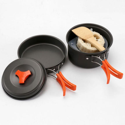 8-Piece Orange Lightweight Outdoor Camping Cookware Set - 1/2 Person Portable High-Efficiency Thermal Cooking Nested Kit.
