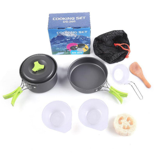 8-Piece Green Lightweight Outdoor Camping Cookware Set - 1/2 Person Portable High-Efficiency Thermal Cooking Nested Kit.