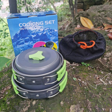 8-Piece Green Lightweight Outdoor Camping Cookware Set - 1/2 Person Portable High-Efficiency Thermal Cooking Nested Kit.