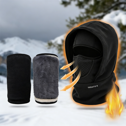 Windproof Thermal Rider Protection Set - 2 Pack Faux Rabbit Fur Knee Braces & Black Fleece Balaclava Hood Outdoor Sports Warmth Bundle.