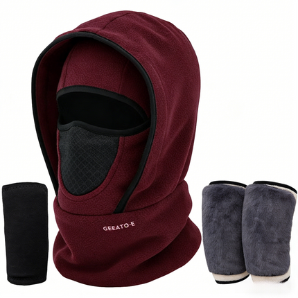 Windproof Thermal Rider Protection Set - 2 Pack Faux Rabbit Fur Knee Braces & Wine Red Fleece Balaclava Hood Outdoor Sports Warmth Bundle.