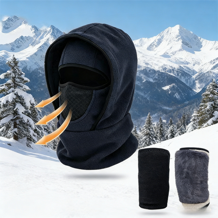 Windproof Thermal Rider Protection Set - 2 Pack Faux Rabbit Fur Knee Braces & Dark Blue Fleece Balaclava Hood Outdoor Sports Warmth Bundle.