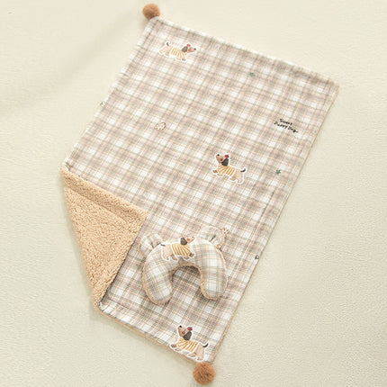 Plaid Puppy Premium Soft Fleece Dog Bed Quilt & Pillow Set (M Size 70 x 50 CM) - All-Season Reversible Warm Cat Nap Pad.