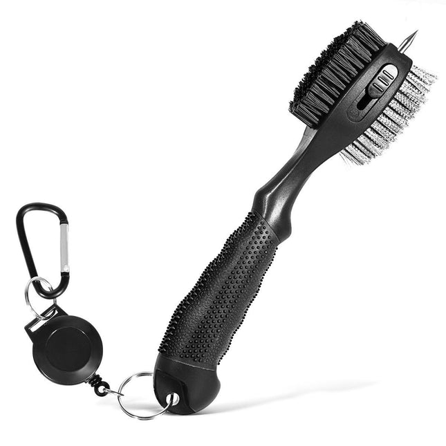 Black Premium Golf Club Cleaning Brush Extra Large Head Dual Bristles Retractable Zip Line & Groove Cleaner Spike Anti-Slip Ergonomic Grip 29cm.