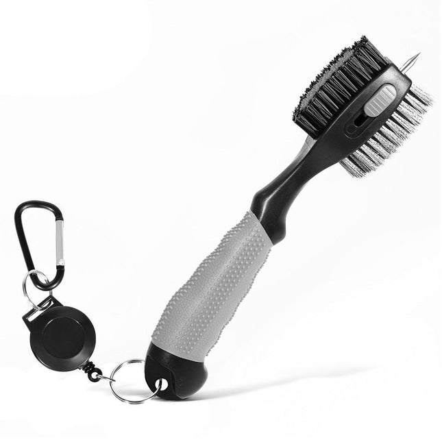 Grey Premium Golf Club Cleaning Brush Extra Large Head Dual Bristles Retractable Zip Line & Groove Cleaner Spike Anti-Slip Ergonomic Grip 29cm.