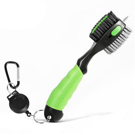 Green Premium Golf Club Cleaning Brush Extra Large Head Dual Bristles Retractable Zip Line & Groove Cleaner Spike Anti-Slip Ergonomic Grip 29cm.