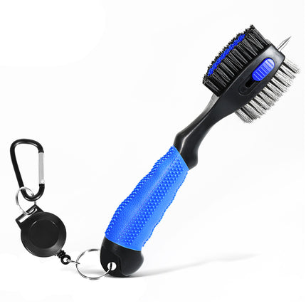 Blue Premium Golf Club Cleaning Brush Extra Large Head Dual Bristles Retractable Zip Line & Groove Cleaner Spike Anti-Slip Ergonomic Grip 29cm.