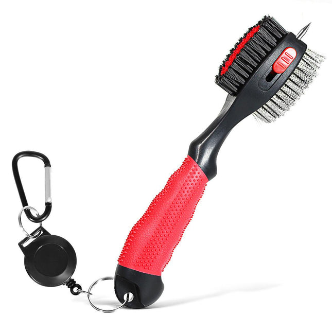 Red Premium Golf Club Cleaning Brush Extra Large Head Dual Bristles Retractable Zip Line & Groove Cleaner Spike Anti-Slip Ergonomic Grip 29cm.
