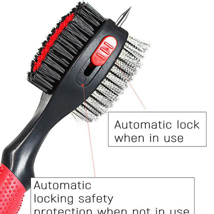 Red Premium Golf Club Cleaning Brush Extra Large Head Dual Bristles Retractable Zip Line & Groove Cleaner Spike Anti-Slip Ergonomic Grip 29cm.