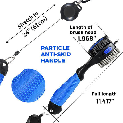 Red Premium Golf Club Cleaning Brush Extra Large Head Dual Bristles Retractable Zip Line & Groove Cleaner Spike Anti-Slip Ergonomic Grip 29cm.