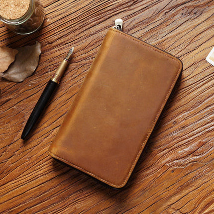 Brown Genuine Crazy Horse Leather Fountain Pen Case Zippered Organiser Pouch with 5 Elastic Loops & Mesh Pocket Vintage Stationery Holder.