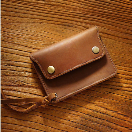Brown Handmade Crazy Horse Leather Wallet Vintage Coin Purse Zipper Card Holder with Strap Snap Closure Top Layer Cowhide 12cm.
