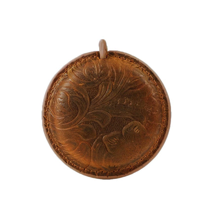 Brown Carved Design Handmade Crazy Horse Leather Retractable Tape Measure Keychain Dual Sided Scale 150cm/60" Mini Pocket Ruler for Sewing & Body Measuring.