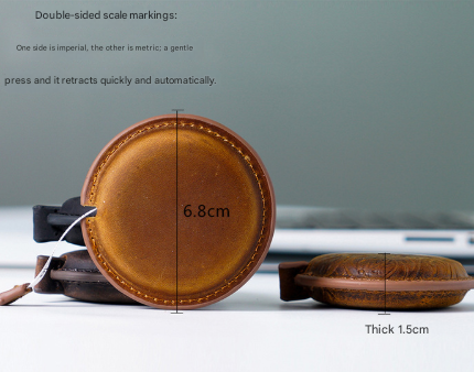 Brown Carved Design Handmade Crazy Horse Leather Retractable Tape Measure Keychain Dual Sided Scale 150cm/60" Mini Pocket Ruler for Sewing & Body Measuring.