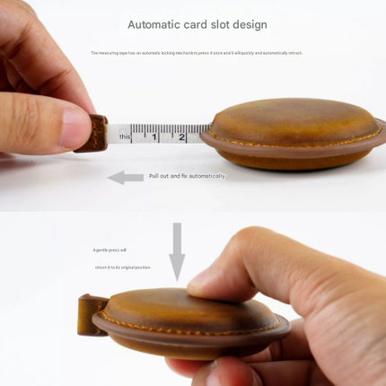 Brown Carved Design Handmade Crazy Horse Leather Retractable Tape Measure Keychain Dual Sided Scale 150cm/60" Mini Pocket Ruler for Sewing & Body Measuring.