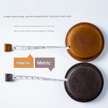 Brown Carved Design Handmade Crazy Horse Leather Retractable Tape Measure Keychain Dual Sided Scale 150cm/60" Mini Pocket Ruler for Sewing & Body Measuring.