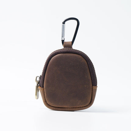 Coffee Genuine Crazy Horse Leather Mini Coin Purse Zipper Shell Pouch Small Earphone Case Key Holder with Carabiner Clip 8.5cm for Travel.