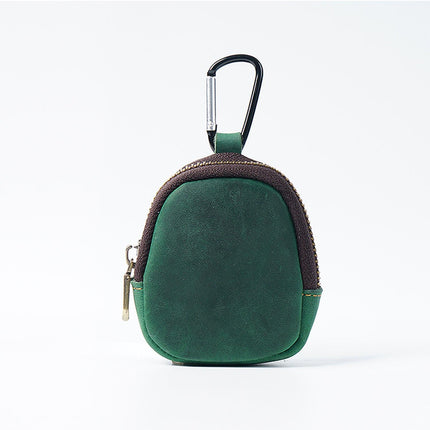 Green Genuine Crazy Horse Leather Mini Coin Purse Zipper Shell Pouch Small Earphone Case Key Holder with Carabiner Clip 8.5cm for Travel.