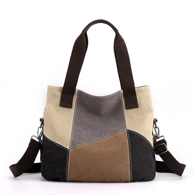 Grey Vintage Patchwork Canvas Tote Bag Large Capacity Multi-Pocket Women's Shoulder Handbag for Office Travel and Daily Use.