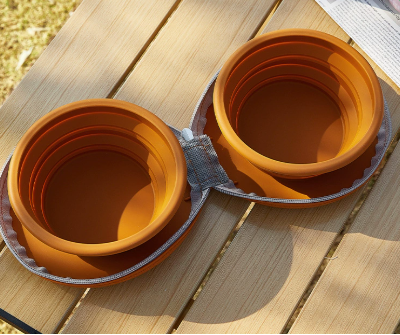 Brown Portable Collapsible Double Pet Bowls for Dogs and Cats - 2x 450ml Food Grade Silicone Travel Feeder with Zippered Paw Carrying Case - Lightweight Outdoor Water and Food Bowl Set.