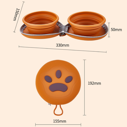 Brown Portable Collapsible Double Pet Bowls for Dogs and Cats - 2x 450ml Food Grade Silicone Travel Feeder with Zippered Paw Carrying Case - Lightweight Outdoor Water and Food Bowl Set.