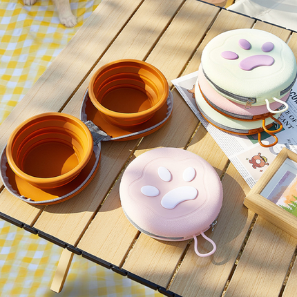Brown-pink Portable Collapsible Double Pet Bowls for Dogs and Cats - 2x 450ml Food Grade Silicone Travel Feeder with Zippered Paw Carrying Case - Lightweight Outdoor Water and Food Bowl Set.