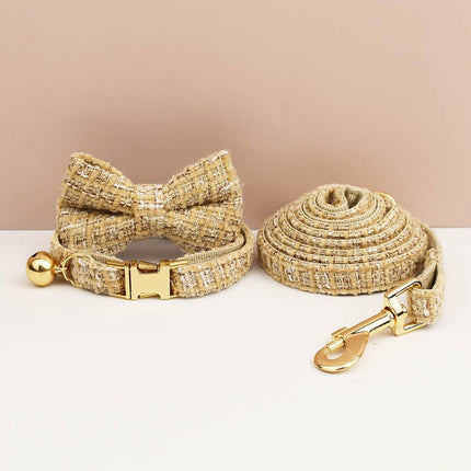 L Khaki Elegant Tweed Pet Collar and Leash Set - Adjustable Cat and Small Dog Collar with Removable Bow Tie and Gold Bell.