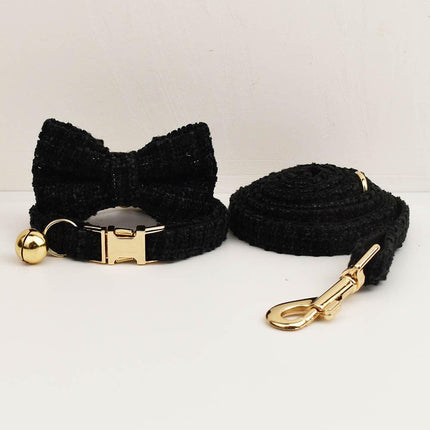 S Black Elegant Tweed Pet Collar and Leash Set - Adjustable Cat and Small Dog Collar with Removable Bow Tie and Gold Bell.