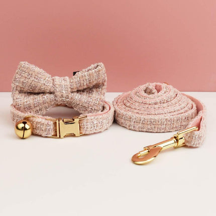 S Pink Elegant Tweed Pet Collar and Leash Set - Adjustable Cat and Small Dog Collar with Removable Bow Tie and Gold Bell.