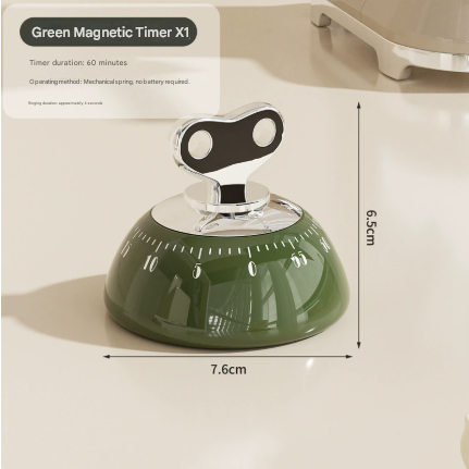 Green Magnetic Mechanical Kitchen Timer - 60-Minute Visual Countdown Clock for Cooking, Study, and Kids Time Management - No Battery Required.