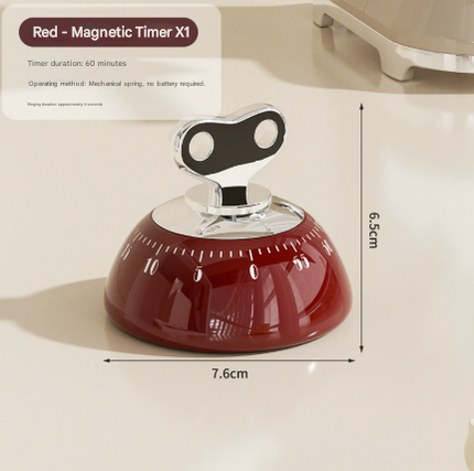 Red Magnetic Mechanical Kitchen Timer - 60-Minute Visual Countdown Clock for Cooking, Study, and Kids Time Management - No Battery Required.