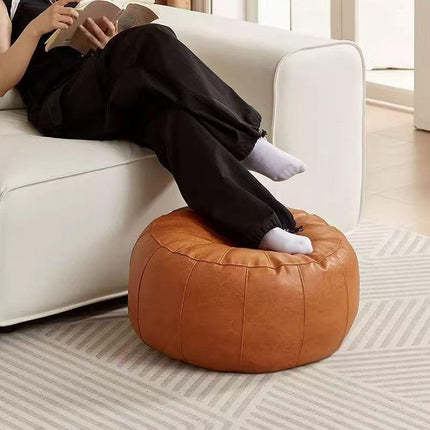 Orange Faux Leather Pumpkin Pouf Cover - DIY Unfilled Round Ottoman for Clothes Storage and Footrest - 50x30cm Versatile Home Decor.
