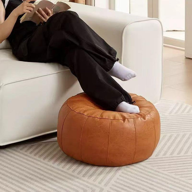 Orange Faux Leather Pumpkin Pouf Cover - DIY Unfilled Round Ottoman for Clothes Storage and Footrest - 50x30cm Versatile Home Decor.
