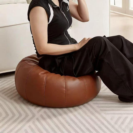 Brown Faux Leather Pumpkin Pouf Cover - DIY Unfilled Round Ottoman for Clothes Storage and Footrest - 50x30cm Versatile Home Decor.